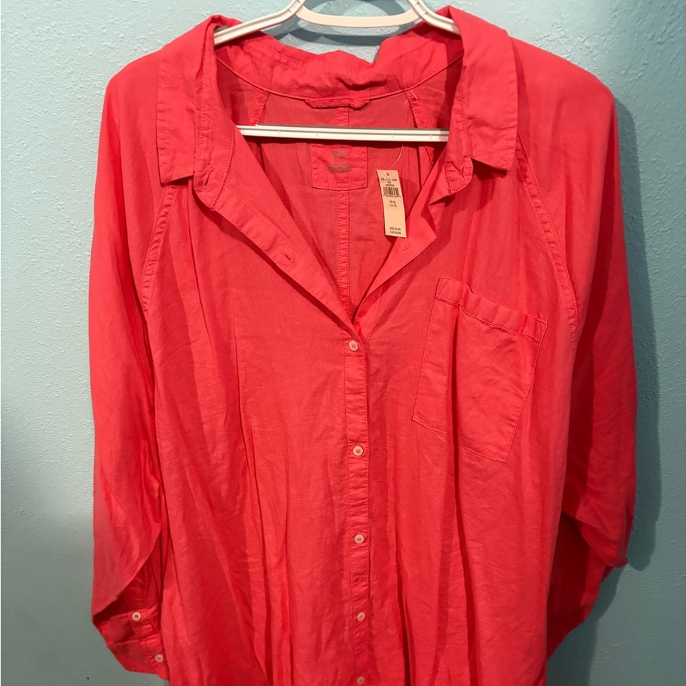 Aerie Women's Tropadelic Coral Oversized Button-Up Blouse